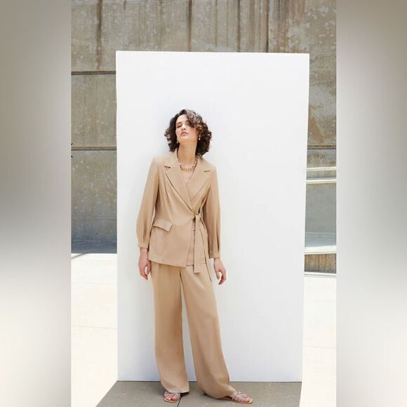 Tailored Wide Leg Twill Crepe Pant, Sand - Picture 1 of 10